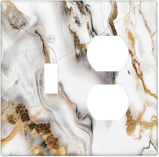 Luxurious Marble Abstract White Gold Tile Modern Simplicity Wallplates 1 Toggle 1 Duplex Switch Plate Electrical GFCI Faceplate Decorative Light Switch Covers for Bathroom Kitchen Decor