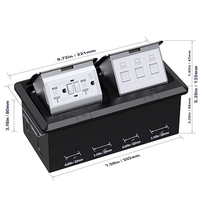 KYHSHJ Dual Pop-Up Floor Electrical Outlet Box Kit，20 Amp Stainless Steel GFCI TR Receptacle Outlet，3-Port RJ45 Datacom Receptacle， Black
