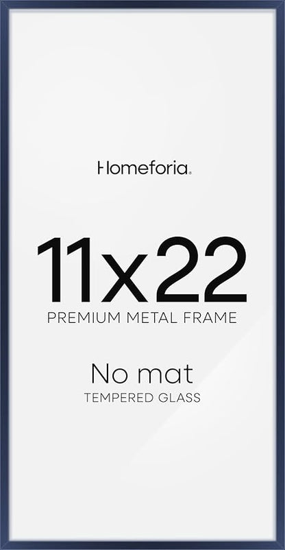 Homeforia 11x22 Newspaper Frame Navy Blue, High End Metal 11 x 22 Picture Frame without Mat, 22x11 Thin Navy Blue Poster Frames for Wall, 11by22 Display Photo Frame, Tempered Glass, Wall Kit, Set of 1