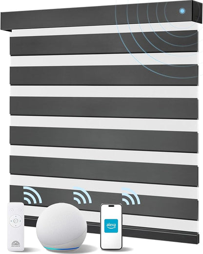 Smart Zebra Blinds for Windows, Alexa Motorized Blinds with Remote Control, Automatic Electric Power Zebra Shades for Indoor Windows (34" W x 72" H, Black)