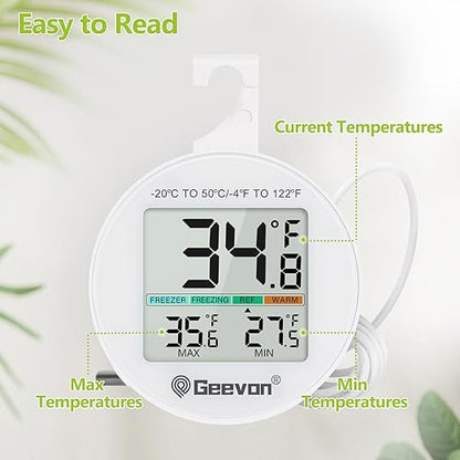 Geevon Refrigerator Thermometer 2 Pack IP65 Waterproof, with External Sensor, Fridge Temperature Monitor for Home Commercial, with LCD Screen, Stand and Magnetic Back, for Refrigerator, Freezer scenes