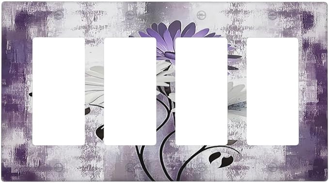 Purple Daisy White Floral Butterfly Flowers 4 Gang Wall Plates Outlet Covers Quad Rocker Light Switch Cover Plate Decorative Switch Plates GFCI Electrical Faceplate for Bathroom Bedroom 4.5 X 8 IN