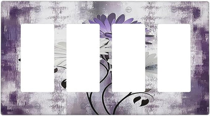 Purple Daisy White Floral Butterfly Flowers 4 Gang Wall Plates Outlet Covers Quad Rocker Light Switch Cover Plate Decorative Switch Plates GFCI Electrical Faceplate for Bathroom Bedroom 4.5 X 8 IN