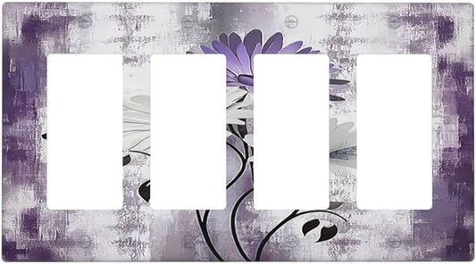 Purple Daisy White Floral Butterfly Flowers 4 Gang Wall Plates Outlet Covers Quad Rocker Light Switch Cover Plate Decorative Switch Plates GFCI Electrical Faceplate for Bathroom Bedroom 4.5 X 8 IN