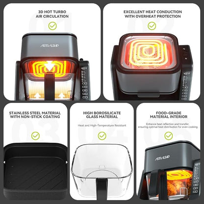 Astralship 2-in-1 Glass Air Fryer & Grill Combo, 4.2 QT + 1.3 QT Capacity, 7 Digital Presets, Small, Non-Toxic See-Through Glass Bowl, Low-Oil Healthy Cooking, Easy to Clean, Multi-Function Design