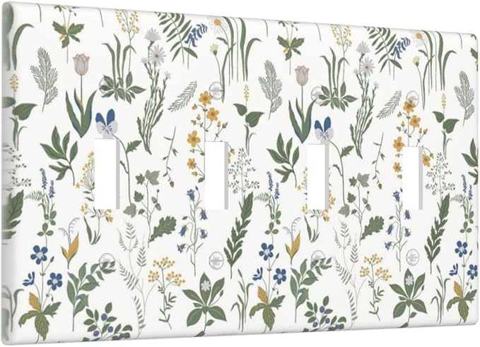Light Switch Covers Floral Green Leaf Plant Flowes Quad Toggle Electrical Faceplate 4 Gang Wall Plate Decorative Switch Plates For Bed Room Farmhouse Decor