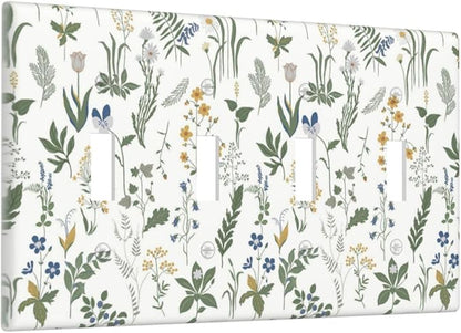 Light Switch Covers Floral Green Leaf Plant Flowes Quad Toggle Electrical Faceplate 4 Gang Wall Plate Decorative Switch Plates For Bed Room Farmhouse Decor