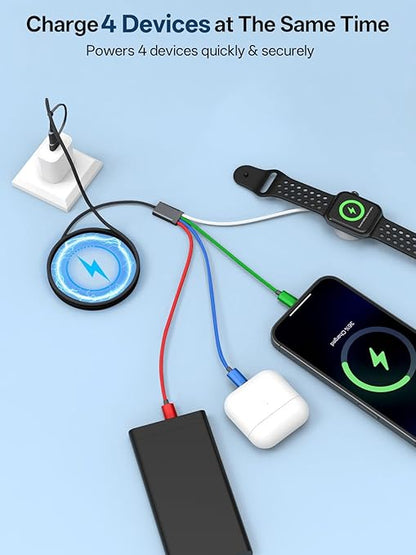 Travel Essentials, 4 in 2 Multi Charging Cable for Apple Watch Charger/iPhone Charger,USB C Cable Cord for iPhone 17-11/iWatch Ultra/10-2/Galaxy S25-S20, Android Phones, MP3-MultiColor,5FT