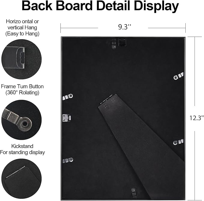9x12 Picture Frame, Black Metal Photo Frames with HD Glass, Fits 6x8 with Mat or 9 x 12 without Mat, Display for Wall and Table, 1 Pack