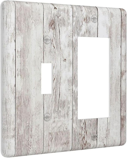 Outlet Covers Rustic Vintage White Wood Grain 1 Toggle 1 Rocker Combination Decorative Wall Plate Electrical Switch Plates Light Switch Cover Plate for Farmhouse Home Decor