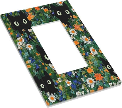 Boho Funny Black Cute Cats Daisy Wildflower Decorative Outlet Covers 1 Gang Single Rocker Light Switch Cover Plate Wall Plates Gfci Faceplate For Kids Room Bed Room Decor