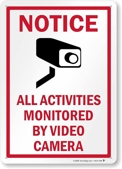 SmartSign 14 x 10 inch “Notice - All Activities Monitored By Video Camera” Metal Sign, 40 mil Laminated Rustproof Aluminum, Red, Black and White, Made in USA