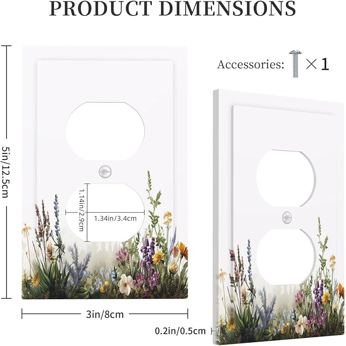 Outlet Covers White Background Colorful Flowers Plants Green Leaves 1 Gang Duplex Light Switch Cover Plate Decorative Switch Plate Covers Electrical Socket Cover for Bedroom Home Decor