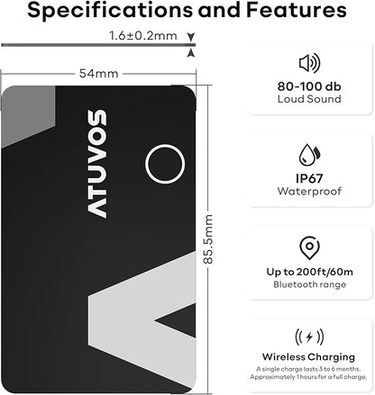 ATUVOS Rechargeable Wallet Tracker Card, Slim 1.6mm Smart Air Tag Card Works with Apple Find My (iOS Only), Bleuooth Item Locator for Purse/Luggage/Bags/Passpoart, IP67 Waterproof, Wireless Charging