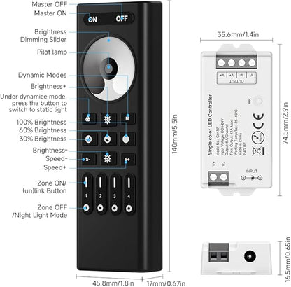 COB Single Color RF 2.4GHz Wireless Remote RC01RFB & C01RF Tuya Controller Kit, 4 Zones Group Control PWM Single Color (+V -V) 2pin LED Strip Light Controller DC5V DC12V DC24V Max 12A