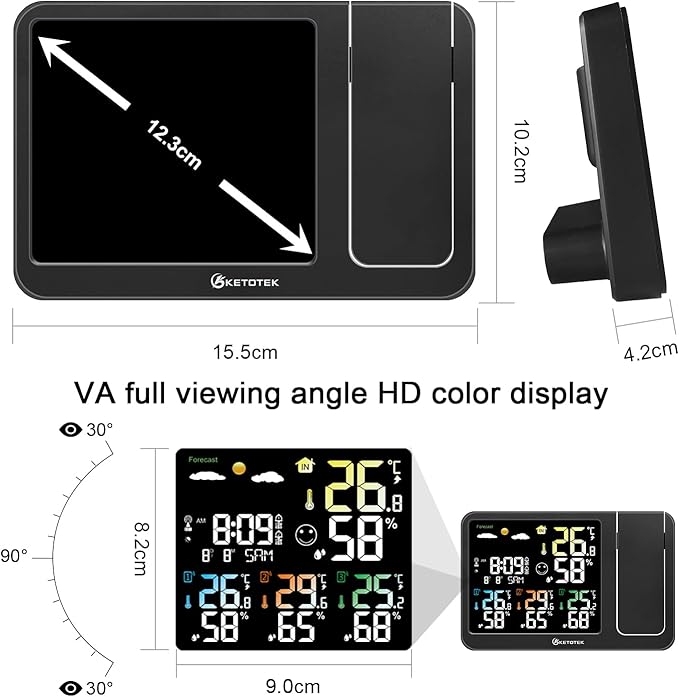 KETOTEK Digital Projection Alarm Clock for Bedroom Ceiling Wall VA LCD Display Radio Controlled Weather Station Indoor Outdoor Temperature Humidity Monitor with 3 Remote Sensors