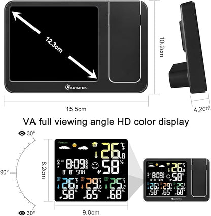 KETOTEK Digital Projection Alarm Clock for Bedroom Ceiling Wall VA LCD Display Radio Controlled Weather Station Indoor Outdoor Temperature Humidity Monitor with 3 Remote Sensors