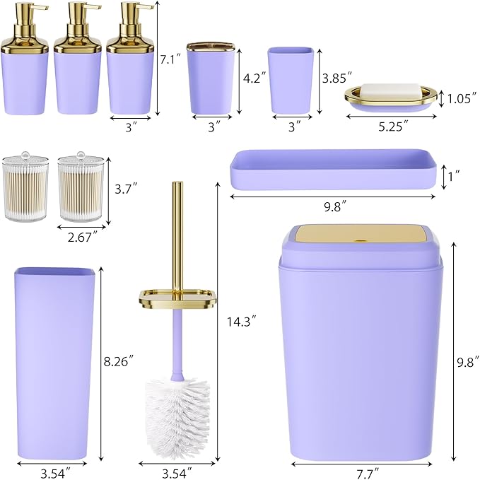 Bathroom Accessory Set, 11PC Bathroom Set, Purple Bathroom Accessories, Bathroom Accessories Set with Trash Can, 3PC Soap Dispensers and Toilet Brush