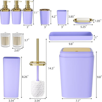 Bathroom Accessory Set, 11PC Bathroom Set, Purple Bathroom Accessories, Bathroom Accessories Set with Trash Can, 3PC Soap Dispensers and Toilet Brush