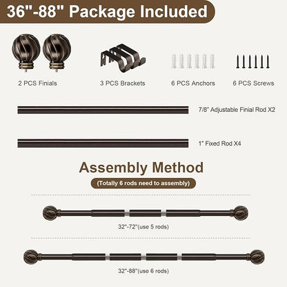 Brown Curtain Rods for Windows 48 to 84 Inch 7/8" Diamete Heavy Duty Adjustable Window Curtain Rod with Decorative Finials for Farmhouse Bedroom Living Room Kitchen Outdoor
