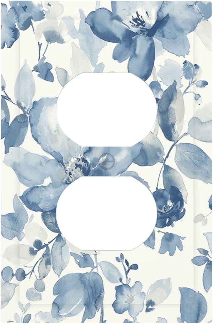 Outlet Covers Blue Watercolor Floral 1 Gang Duplex Wall Plate Decorative Switch Plates Electrical Receptacle Faceplate Light Switch Cover for Bedroom Bathroom Decor