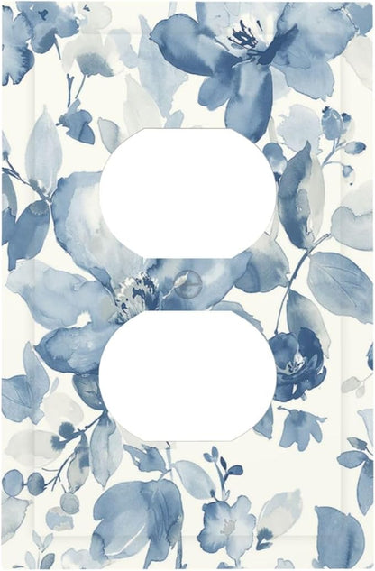 Outlet Covers Blue Watercolor Floral 1 Gang Duplex Wall Plate Decorative Switch Plates Electrical Receptacle Faceplate Light Switch Cover for Bedroom Bathroom Decor