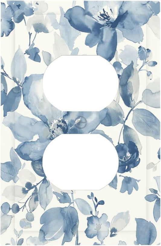 Outlet Covers Blue Watercolor Floral 1 Gang Duplex Wall Plate Decorative Switch Plates Electrical Receptacle Faceplate Light Switch Cover for Bedroom Bathroom Decor