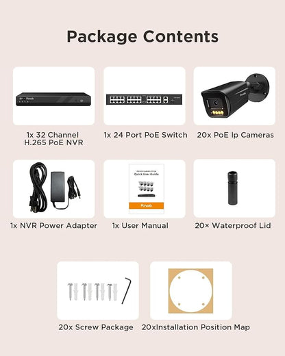 32 Channel Security Camera System, 20pcs 5MP PoE IP Bullet Camera, Smart Color Night Vision, 2 Way Audio Talking, AI Human Vehicle Detection, Remote Access, 4K 32CH NVR 8TB HDD, PB65B2032-5MD