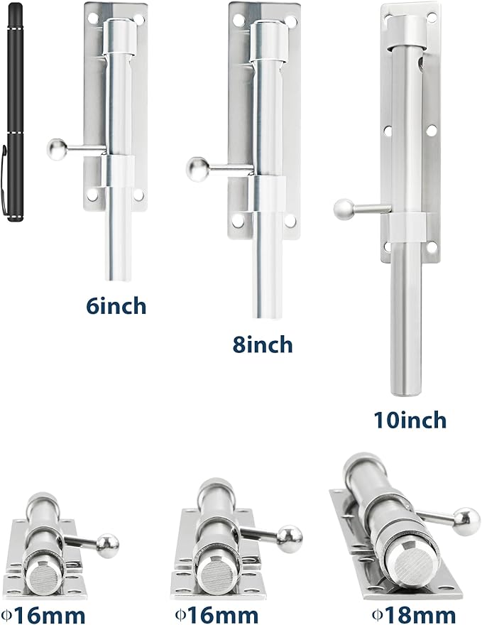 Alise 6 inch Barrel Bolt Latch,Slide Bolt Latch, Heavy Duty Solid SUS304 Stainless Steel Slide Lock for Wooden Fence,Barn Door,Interior or Outdoor Door Brushed Nickel MS8000-LS