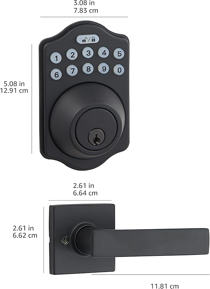 Amazon Basics Traditional Electronic Keypad, Keyless Entry Door Lock Deadbolt with Handle Set, Key Pad Front Door with Knob, Traditional Door Locks for Front Door, Door Handle, Matte Black, 6-Pack