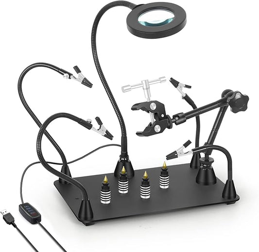 Helping Hands Soldering Circuit Board Holder Magnetic Third Hand Tools with 3X LED Magnifying Lamp, 360 Hot Air Gun Holder, Flexible Metal Arms Heavy Duty Base Electronic Repair Tool Magic Hand