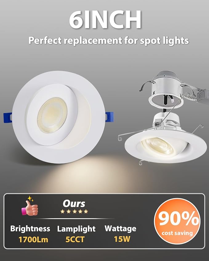 Adetu Led Recessed Lighting 6 inch, 360°+90° Adjustable Directional Gimbal 6 inch Led Recessed Light, 2700K-5000K 5CCT Dimmable Retrofit Eyeball Can Recessed Lights with Jbox, ET (White,1 Pack)