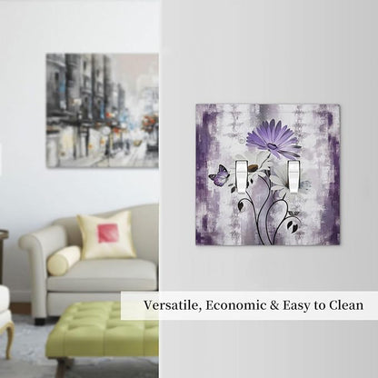 Purple Daisy White Floral Butterfly Flowers 2 Gang Double Toggle Light Switch Cover Decorative Switchplate Electrical Wall Plates Faceplate for Bathroom Bedroom Decor 4.9 X 5 IN