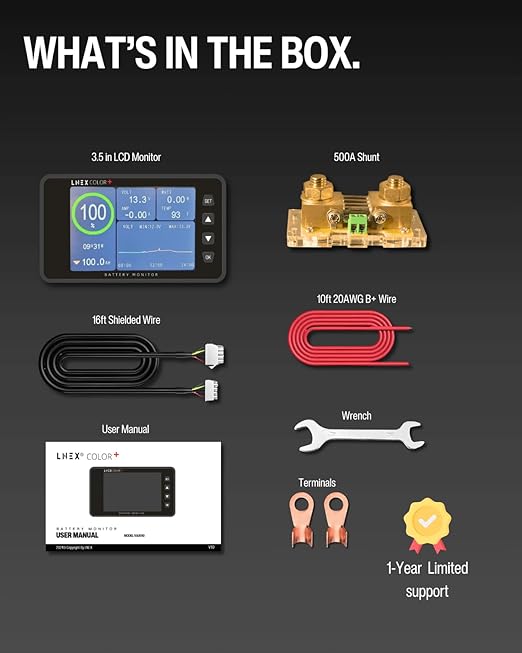 500A Battery Monitor with Shunt, 3.5" Color Screen RV Monitor with 16ft Cable, Support High Low Voltage Current Programmable Alarm for 8-120V Lifepo4, Lithium, Gel, Flooded Battery