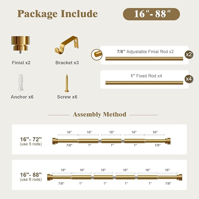 Oneach Heavy Duty Curtain Rods for Windows 48 to 84 Inch, 1 Inch Brass Gold Curtain Rod, Adjustable Length Rod with Metal Finials, Modern Decorative for Bedroom Kitchen Living Room (16 to 88 Inch)