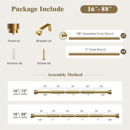 Oneach Heavy Duty Curtain Rods for Windows 48 to 84 Inch, 1 Inch Brass Gold Curtain Rod, Adjustable Length Rod with Metal Finials, Modern Decorative for Bedroom Kitchen Living Room (16 to 88 Inch)