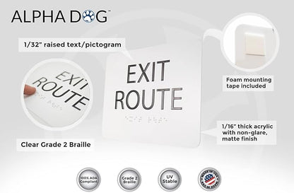 ALPHA DOG ADA SIGNS - Exit Route Sign with Braille for Your Business, 5x6 Inch, ADA Compliant, Indoor or Outdoor, Easy Installation, Made in the USA, White
