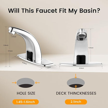 Touchless Bathroom Sink Faucet，Automatic Motion Sensor Faucets with 1 Hole Plate for Water Bath Commercial Lavatory Farmhouse, Chrome