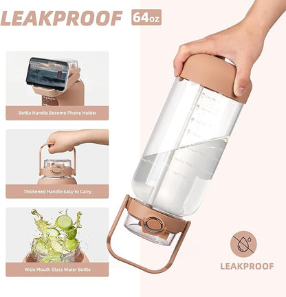 64oz Glass Water Bottle with Straw and Sleeve Half Gallon Motivational Water Bottle with Time Marke and Strap 2L Leakproof Borosilicate Reusable Water Jug for Gym Outdoors