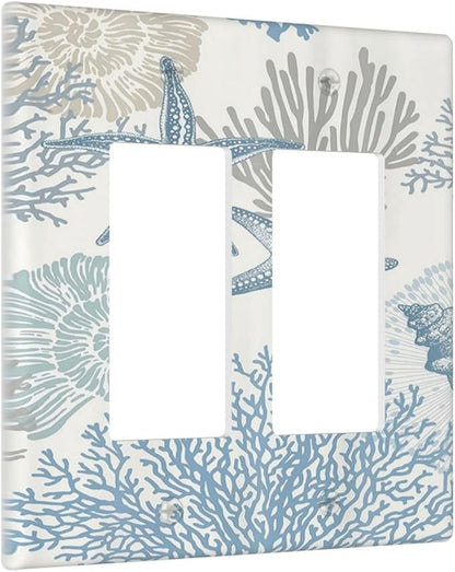 Decorative Outlet Covers Blue Starfish Coral Seaweed 2 Gang Light Switch Cover Plate Double Rocker Wall Plate Switch Plate Covers Faceplate for Bathroom Bedroom Decor （2 Pack）