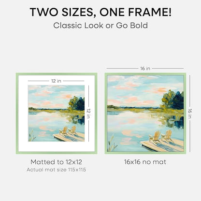 Homeforia 16x16 Picture Frame Sage Green, High End Metal 16 x 16 Square Poster Frames with Mat 12 x 12 Photo, 16x16 Frame Matted to 12x12 Art, 16by16 Hanging Frames, Tempered Glass, Wall Kit, Set of 1
