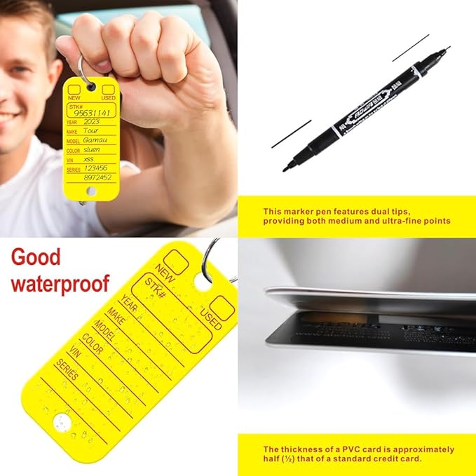 500 Pcs PVC Tags with Labels and Rings, Car Key for Organization, Identifiers, and Luggage Tags with 4 Pcs Markers, Plastic Keychain Tags for Car, Truck, and Dealer Use