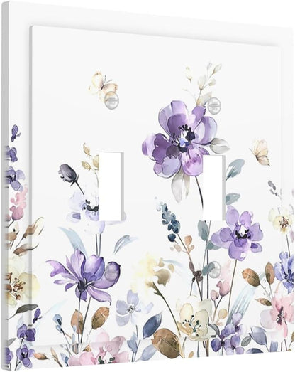 Decorative Switch Plates Purple Floral Lilac Watercolor Flower Leaves Butterfly Wildflower 2 Gang Double Toggle Wall Plate Outlet Light Switch Cover Electrical Faceplate for Bedroom Home Decor