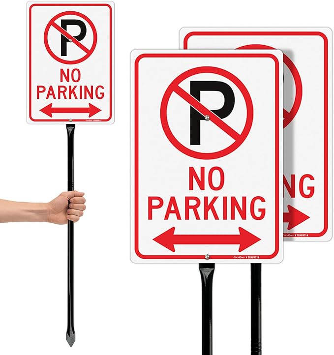 GicnKeuz Large No Parking - 14"x10" No Parking Signs with 36" Heavy Duty Metal Stakes, .040 Aluminum Reflective Signs, Fade Resistant/Waterproof, Including Screws, Easy to Install, Outdoor Use (2 Pack)
