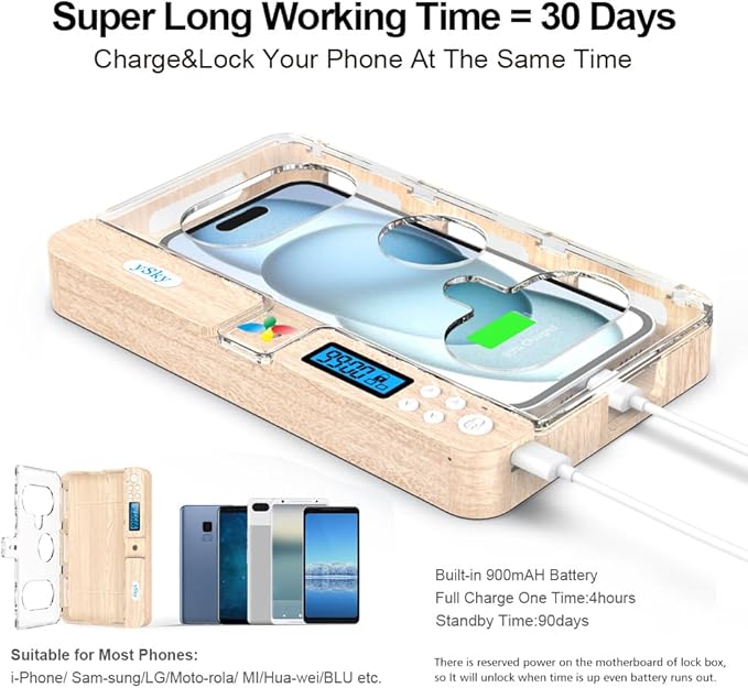 ySky Portable Timed Phone Lock Box for iPhone and Android Phones, Self-Control Timer Phone Locker Box to Help Kids,Students, Adults Focus Back(Woodgrain)