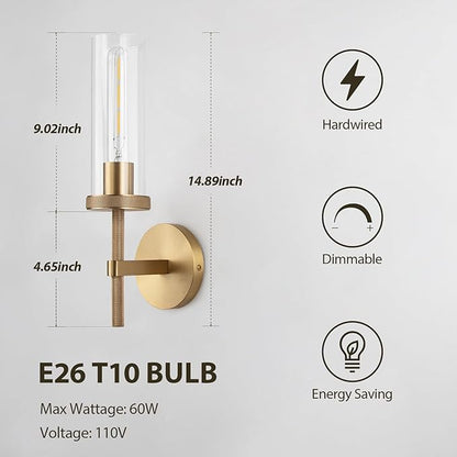 15" Knurled Brass Wall Sconce with Clear Glass Tube, Gold Bathroom Vanity Light Fixtures, Modern Lamp Lighting for Bedroom, Living Room, Hallway, Staircase, Mirror, Kitchen