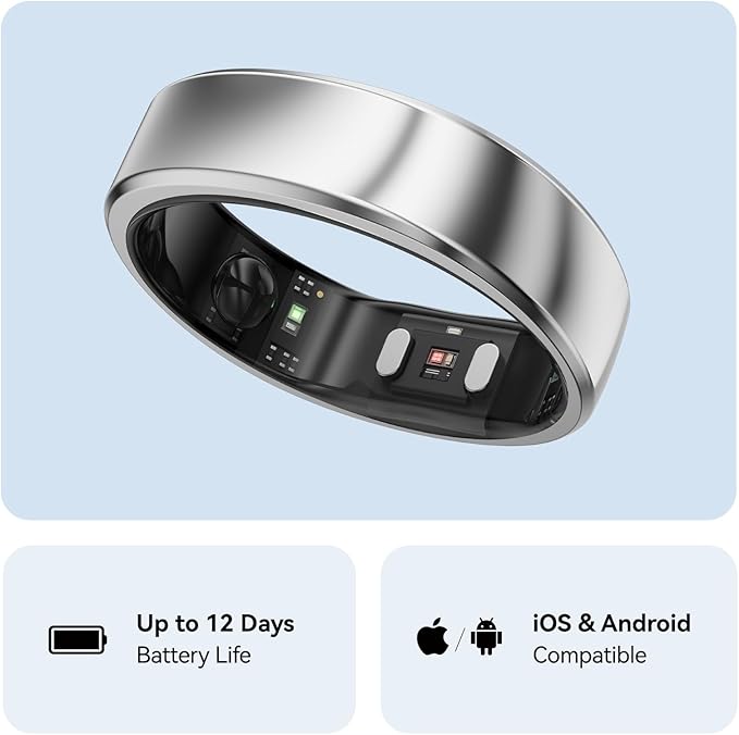 RingConn Gen 2, World’s First Smart Ring with Sleep Apnea Monitoring, No APP Subscription, 12-Day Battery Life, Stress/Heart Rate/Women's Health Tracker, Android & iOS Compatible (Silver, Size 14)