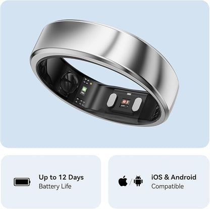 RingConn Gen 2, World’s First Smart Ring with Sleep Apnea Monitoring, No APP Subscription, 12-Day Battery Life, Stress/Heart Rate/Women's Health Tracker, Android & iOS Compatible (Silver, Size 14)