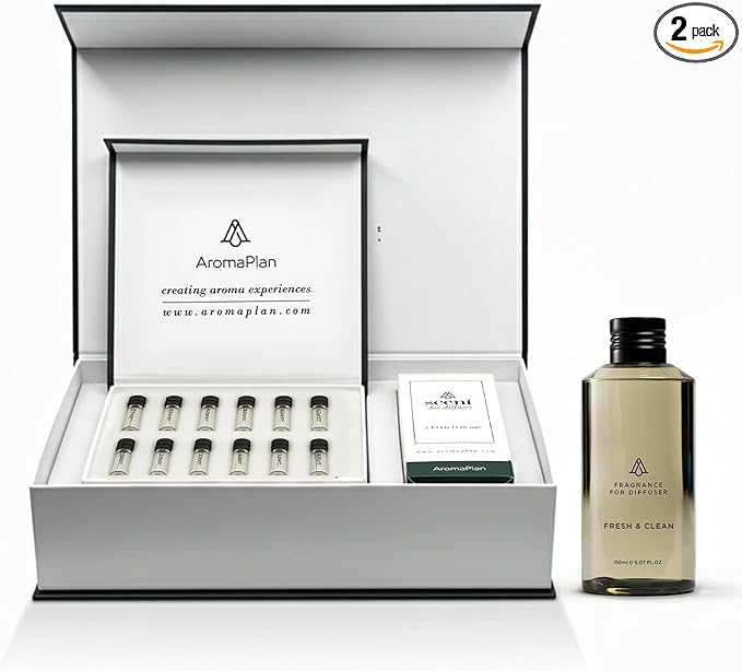 AromaPlan Hotel Scents Fresh & Clean 5 Fl Oz (148ml) & Sample Set with Top 12 Fragrances -Home Luxury Aroma & Hotel Fragrance Diffuser Oil for Aromatherapy, USA Made