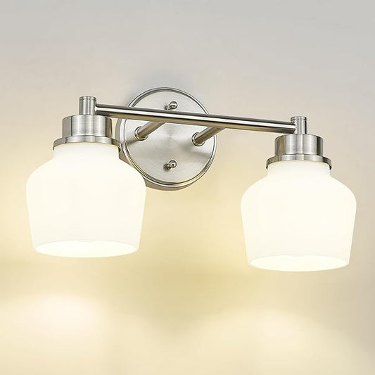 Emak Brushed Nickel Bathroom Light Fixtures, 2-Light Bathroom Vanity Light with Milk Glass Shade, Modern Vanity Lights for Bathroom, Mirror, VL122-BN-ML-2